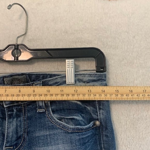 Rerock for Express Womens Blue Patched Denim Frayed Hem Skinny Capri Jeans Sz 0 - Picture 9 of 11